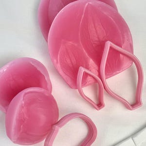 May include: A collection of pink silicone molds and matching plastic cutters for crafting. The set includes circular molds with embossed petal textures, two teardrop-shaped cutters, and one rounded cutter, all in a vibrant shade of pink.