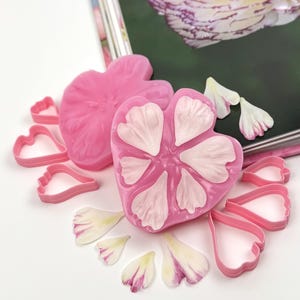以下が含まれることがあります： 6つの花びら型のくぼみがある中央の空洞を備えたピンク色のシリコン製花びら型と、さまざまなサイズのピンク色のプラスチック製花びら型抜き、そして散らばった白とピンクの花びら。
