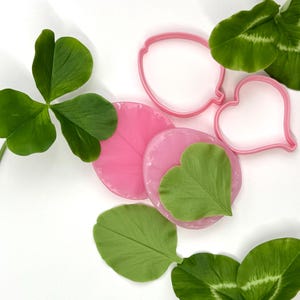 Può includere: Una vista dall'alto presenta foglie verdi di trifoglio e formine rosa a forma di cuore e fumetti. Le foglie sono disposte attorno alle formine e a forme rosa simili a fondente, creando una composizione stravagante ispirata alla natura.