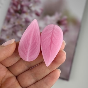 May include: Two translucent light pink leaf-shaped resin pieces with visible vein detailing on the surface. The pieces are smooth and have a glossy finish, with one leaf being more elongated and pointed than the other, which is more rounded in shape.