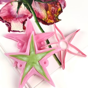 Botanical sculpture tools set including silicone veiner and cutter for creating realistic rose sepal details in clay flowers