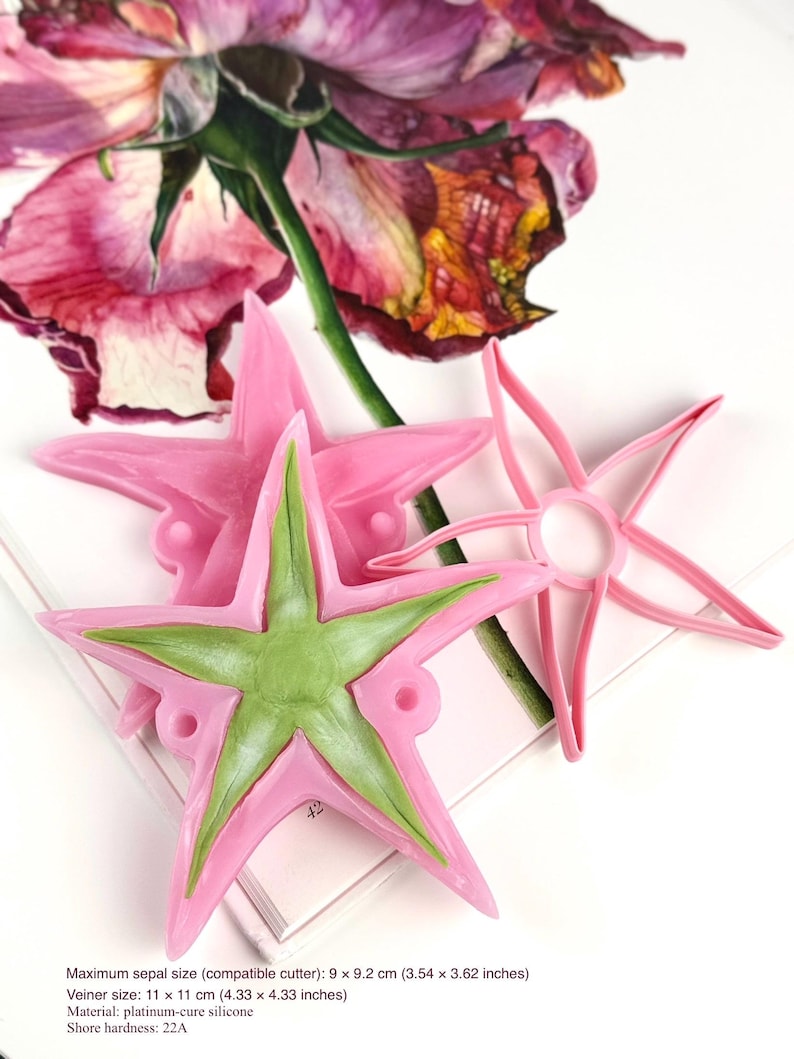 Botanical sculpture tools set including silicone veiner and cutter for creating realistic rose sepal details in clay flowers