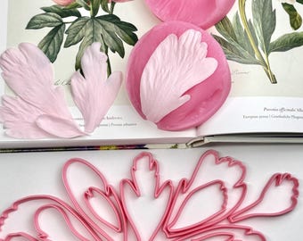 May include: A set of pink silicone molds for flower petals and a collection of pink plastic petal cutters arranged in a circular pattern. The molds are round and flexible, while the cutters feature intricate, jagged edges for shaping.