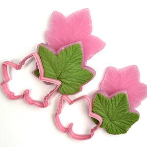 以下が含まれることがあります： ピンクの葉の形をしたクッキーカッターと、緑とピンクのフォンダン装飾のコレクション。フォンダンの葉には詳細な葉脈があります。クッキーカッターはピンク色のプラスチック製です。