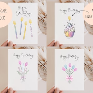 Set di 4 biglietti di auguri di compleanno con impronte digitali di fiori, design di biglietti STAMPABILI, bouquet di impronte digitali di buon compleanno, biglietti di auguri per bambini, DIGITALI