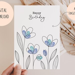 Cartão de feliz aniversário com impressão digital PARA IMPRIMIR, cartão de aniversário DIY para crianças, artesanato com impressão digital de flores, avó, mãe, tia, download DIGITAL