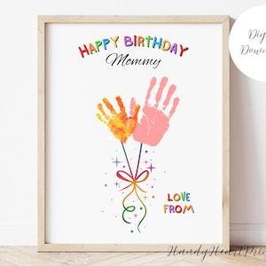 Impressão de mão de feliz aniversário para mamãe/mãe PARA IMPRIMIR, artesanato com balões de aniversário, cartão de aniversário personalizado para mãe, arte de impressão de mão personalizada de crianças, PDF