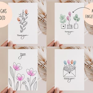 Set di 4 biglietti di ringraziamento con impronte digitali personalizzate a forma di fiore, set di biglietti STAMPABILI, set di biglietti con fiori selvatici, biglietti di ringraziamento dalla collezione per bambini, digitali