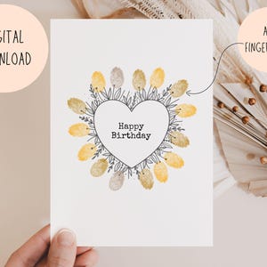 PRINTABLE Happy birthday finger print Card, DIY birthday card from kids, flower heart fingerprint craft, Grandma, Mum, Auntie, DIGITAL pdf