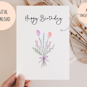 Cartão de aniversário para impressão digital pessoal para impressão digital, cartão de aniversário faça você mesmo para crianças, buquê de flores artesanal com impressão digital, avó, mãe, tia, DIGITAL