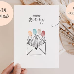 Tarjeta de feliz cumpleaños con huella dactilar para imprimir, tarjeta de cumpleaños DIY para niños, manualidad de huella dactilar de flores, abuela, mamá, tía, descarga digital