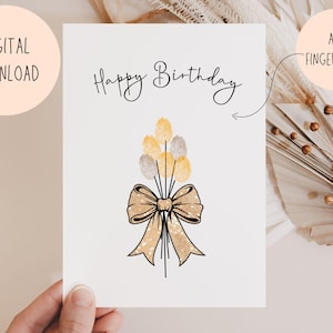 Biglietto di auguri di buon compleanno con impronta digitale stampabile, biglietto di compleanno fai da te estetico per bambini, lavoretto con impronte digitali a palloncino, nonna, mamma, zia