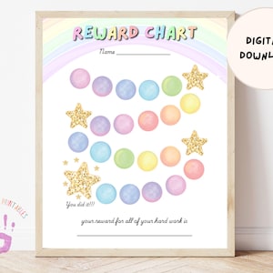 May include: A framed reward chart with a rainbow design, featuring colorful circles and gold glitter stars. The text "REWARD CHART" is at the top, with space for a name and a reward line. The words "DIGITAL DOWNLOAD" are in a circle.