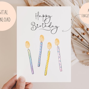 Biglietto di auguri di buon compleanno con impronta digitale STAMPABILE, biglietto di compleanno fai da te per bambini, creazione di impronte digitali con candele, nonna, mamma, zia, download DIGITALE