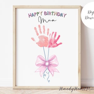 Impressão de mão de feliz aniversário para mamãe/mamãe PARA IMPRIMIR, artesanato com balões de aniversário, presente de aniversário personalizado para mamãe, arte de impressão de mão personalizada de crianças, PDF