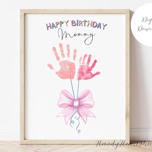 Impressão de mão de feliz aniversário para mãe/mamãe PARA IMPRIMIR, artesanato com balões de aniversário, cartão de aniversário personalizado para mãe, arte de impressão de mão personalizada de crianças, PDF