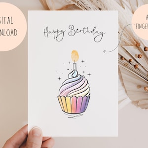 Tarjeta de feliz cumpleaños con huella dactilar para imprimir, tarjeta de cumpleaños DIY para niños, manualidad con huella dactilar para cupcakes, abuela, mamá, tía, PDF DIGITAL