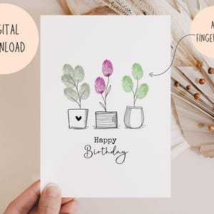 Tarjeta de feliz cumpleaños con huella dactilar para imprimir, tarjeta de cumpleaños DIY para niños, manualidad de huella dactilar de flores, abuela, mamá, tía, descarga digital