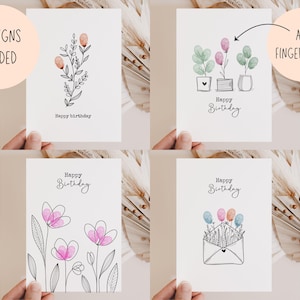 Juego de 4 tarjetas de cumpleaños con huellas dactilares personales, juego de tarjetas de cumpleaños IMPRIMIBLES, juego de tarjetas de flores silvestres, tarjetas de cumpleaños de la colección para niños, Digita