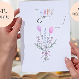 Biglietto di ringraziamento con impronta digitale STAMPABILE per bambini, biglietto di auguri con bouquet di fiori, biglietti di ringraziamento per baby shower, mamma, nonna, zia, insegnante PDF