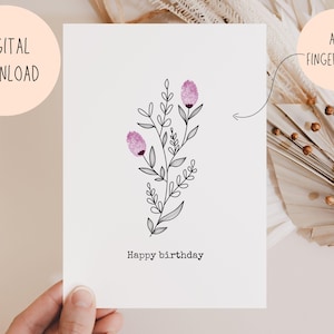 Tarjeta de feliz cumpleaños con huella dactilar para imprimir, tarjeta de cumpleaños DIY para niños, manualidad de huella dactilar de flores, abuela, mamá, tía, descarga digital