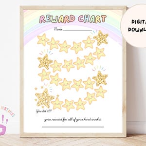 Könnte beinhalten: Ein gerahmtes Belohnungsdiagramm mit Regenbogen- und Sternmotiven. Der Text "REWARD CHART" steht oben, mit Platz für einen Namen und eine Belohnung. Die Worte "DIGITAL DOWNLOAD" stehen in einem Kreis. Geeignet für Kinder.