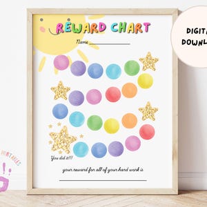 Könnte beinhalten: Ein gerahmtes Belohnungsdiagramm mit bunten Kreisen und goldenen Sternen. Der Text "REWARD CHART" steht oben, mit Platz für einen Namen und eine Belohnung. Digitaler Download.