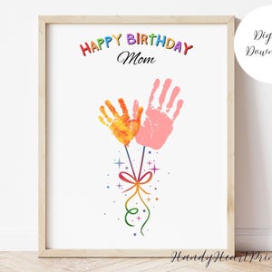 Impressão de mão de feliz aniversário para mãe/mamãe PARA IMPRIMIR, artesanato com balões de aniversário, cartão de aniversário personalizado para mãe, arte de impressão de mão personalizada de crianças, PDF