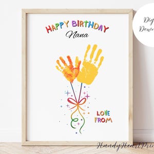 Impressão de mão de feliz aniversário para vovó, para imprimir, artesanato com balões de aniversário, impressão de mão de aniversário pessoal para vovó, arte de impressão de mão personalizada dos netos, PDF
