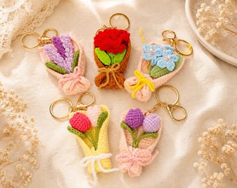 Crochet Flower Bouquet Keychain, Handmade Tulip or Lavender Bag Charm, Cute Gift for Her