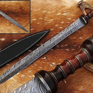 Hand-Forged Gladius Style Damascus Short Sword with Carved Wooden Handle | Roman Style | Custom Gift Blade | Bladeroom Exclusive