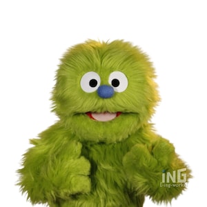 May include: A fuzzy green puppet with long, shaggy fur, large white eyes with black pupils, a round blue nose, and an open mouth showing a pink tongue. The puppet has two arms positioned forward and the text ING [-ing.works] in the bottom right.
