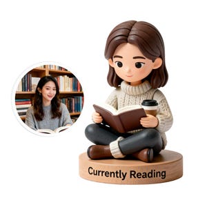 Könnte beinhalten: Figur einer Person, die ein Buch liest, mit braunen Haaren und einem cremefarbenen Pullover. Die Figur hält eine Kaffeetasse und sitzt auf einem Holzsockel mit der Aufschrift "Currently Reading". Im Hintergrund ein Foto einer Frau, die ein Buch liest.