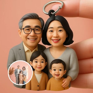 May include: A family portrait keyring featuring a smiling couple and their two children. The keyring has a silver ring and a black loop. The family is wearing neutral-coloured clothing. A smaller image of the family is in a circle on the left.
