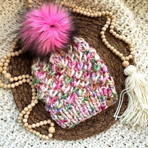 Luxury Merino Wool Beanie, The Crush Hat, Malabrigo Rasta Bulky Knit Hat, Handmade Knit Winter Beanie w/ Pom Pom