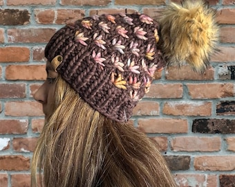 Handmade Merino Wool Knit Beanie: Lotus Flower Hat with Faux Fur Pom