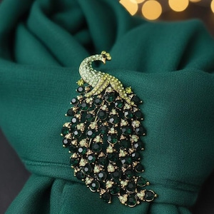 Timeless Vintage Style Peacock Brooch, Gold Tone Green Emerald Rhinestones