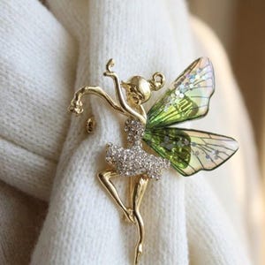 Gold Fairy Ballerina Brooch Green Cicada Wing Pin Crystal Rhinestone Dancer Jewelry Fantasy Gift.