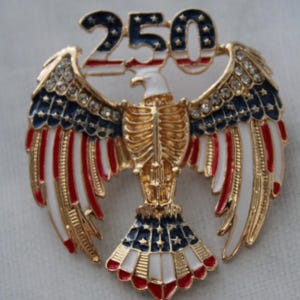 May include: A gold-toned eagle pin with outstretched wings, featuring red, white, and blue enamel accents. The number "250" is displayed above the eagle, also in red, white, and blue. The pin is embellished with small, clear rhinestones.