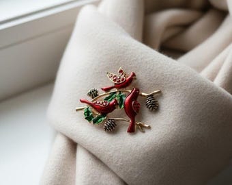 Cardinal Brooch | Rhinestone Holly, Pinecone Holiday Pin