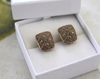 Vintage Liz Claiborne Gold Tone Clip-On Earrings, Marcasite Style Art Deco Geometric Textured Jewelry