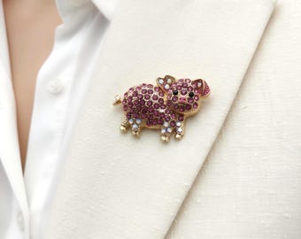 Pink Crystal Pig Brooch – Gold Tone Rhinestone Animal Pin