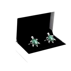 Silver Sea Turtle Cufflinks, Emerald Green Inlay, Nautical Wedding Gift for Men
