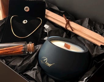 Cadeauset voor vaderdagkaars en armband | Gepersonaliseerd luxe cadeau voor papa | Cederhoutgeur