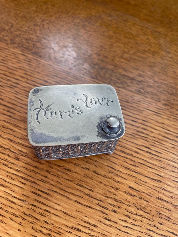 Late Victorian TRINKET BOX silver plated British Hallmarks "Here's Your"