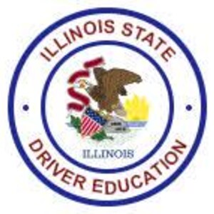 May include: A blue and white circular seal with the text "Illinois State Driver Education" around the edge. The seal features a bald eagle with a red, white, and blue shield on its chest, a yellow flame, and the word "Illinois" at the bottom.