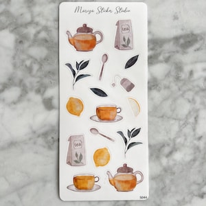 Pegatinas de taza de té de acuarela | Hoja de pegatinas de té y limón para diarios, agendas y álbumes de recortes | Pegatinas para Bullet Journal | S044