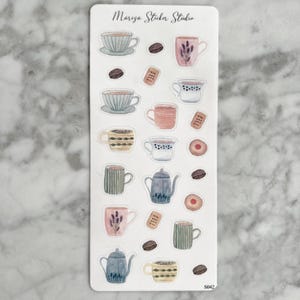 Autocollants pour tasses à café | Autocollants tasse à thé pour journal, agenda et scrapbooking | Autocollants aquarelle | Feuille d'autocollants avec des tasses à café | S042