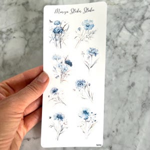 Pegatinas de flores de acuarela | Delicadas flores silvestres azules de estilo vintage | Pegatinas para diario y scrapbooking | Pegatinas transparentes S050