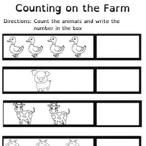 Puede incluir: Hoja de trabajo en blanco y negro titulada "Counting on the Farm". La hoja de trabajo presenta ilustraciones de patos, un cerdo, vacas y cabras. Las instrucciones piden contar los animales y escribir el número en el cuadro.